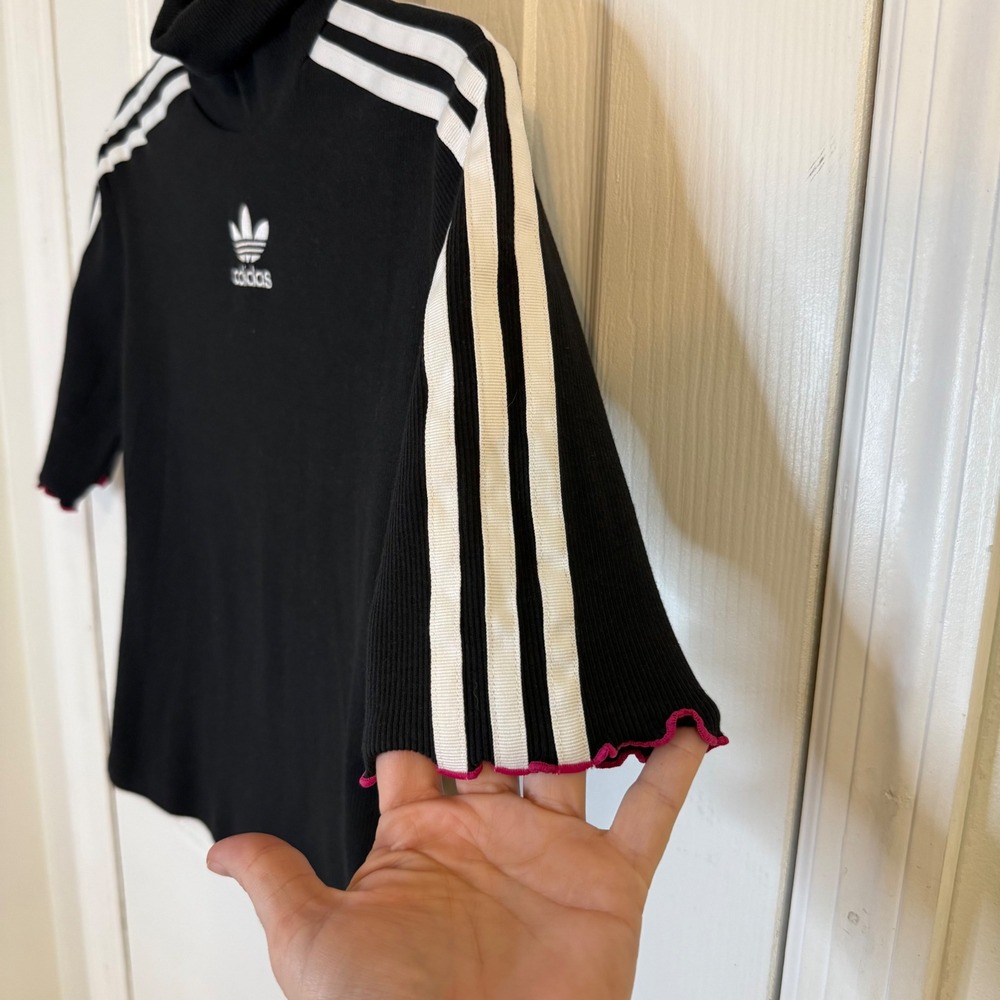 Adidas originals Mock Neck‎ Top Ribbed 3 Stripe Tee Shirt Ruffle Trim Black XS - Picture 4 of 12